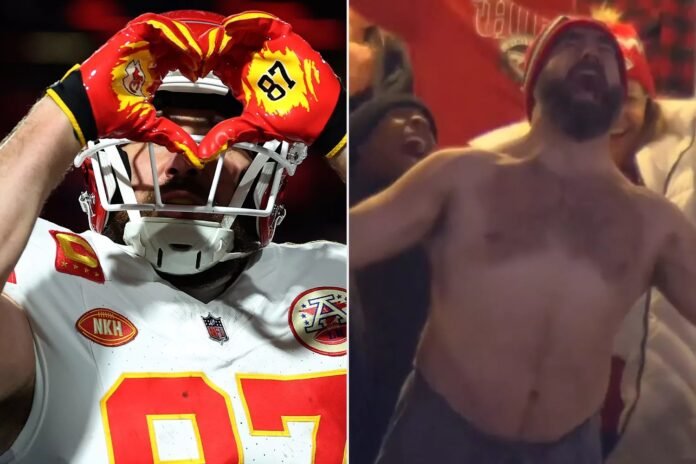 Travis Kelce and the Chiefs Advance to AFC Championship with Taylor Swift and Shirtless Jason Kelce’s Support