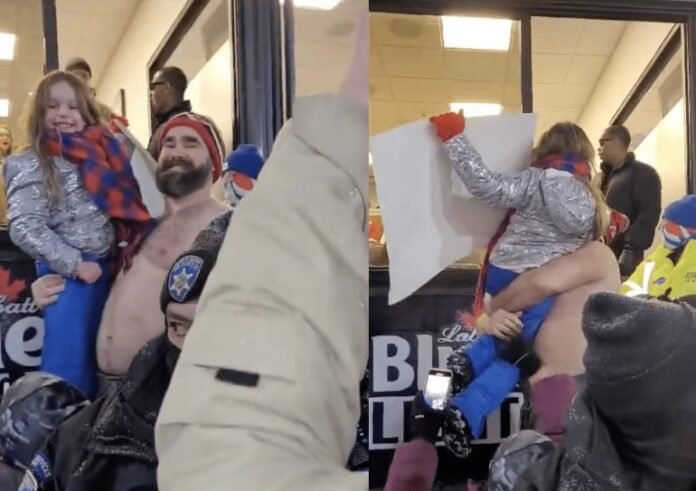 Shirtless Jason Kelce Adorably Carries Young Fan To Meet Taylor Swift