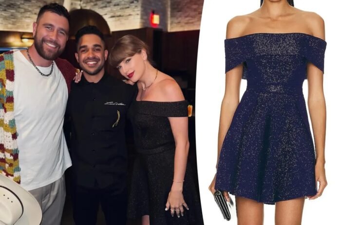 She’s so gorgeous. Taylor Swift stepped out for a date night with Travis Kelce donning an off-the-shoulder metallic dress in Las Vegas.