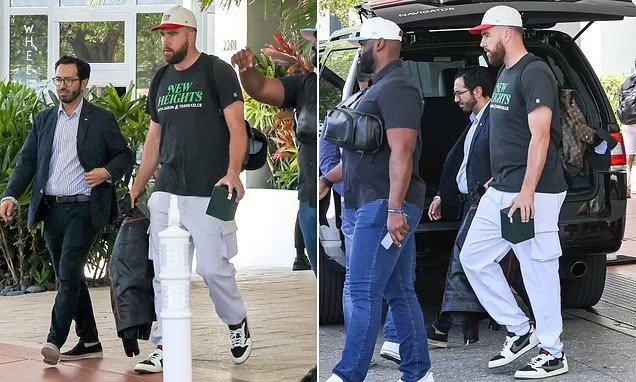 Travis Kelce is seen leaving star-studded Carbone Beach party after soaking up the Miami Grand Prix with Patrick Mahomes