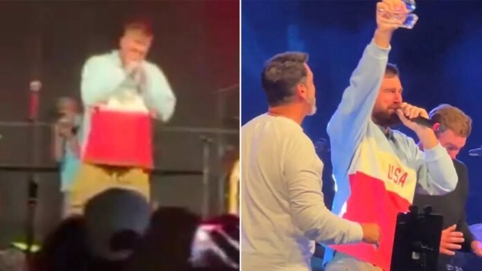 Travis Kelce dedicates karaoke win to Taylor Swift as fans go wild for his cringeworthy performance of iconic rock song