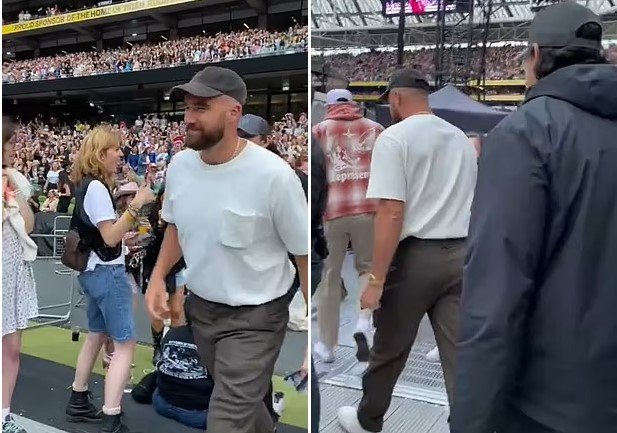 Taylor Swift fans are convinced Travis Kelce surprised his girlfriend with unexpected appearance at Eras Tour show in Dublin... before loved-up pair are spotted leaving the stage together