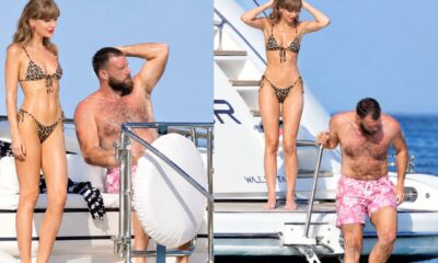 Travis Kelce can’t keep his eyes off Taylor Swift’s sizzling figure as they sweetly caress each other at the beach