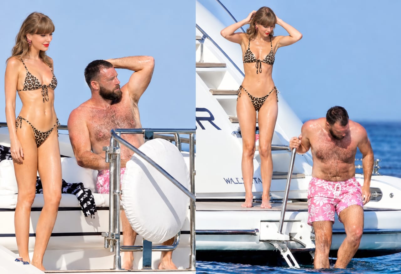 Travis Kelce can’t keep his eyes off Taylor Swift’s sizzling figure as they sweetly caress each other at the beach